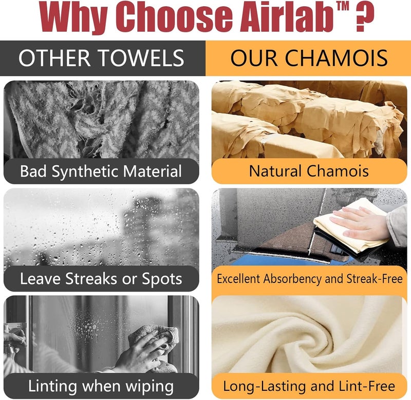 Airlab قماش شاموا للسيارة 2 عبوة منشفة شامى 24'' x 16'' (2.58 قدم مربع لكل منها) منشفة تجفيف السيارة فائقة الامتصاص جلد طبيعي خالية من الوبر خالية من الخطوط لغسيل السيارات وتفاصيل السيارات - Image 3
